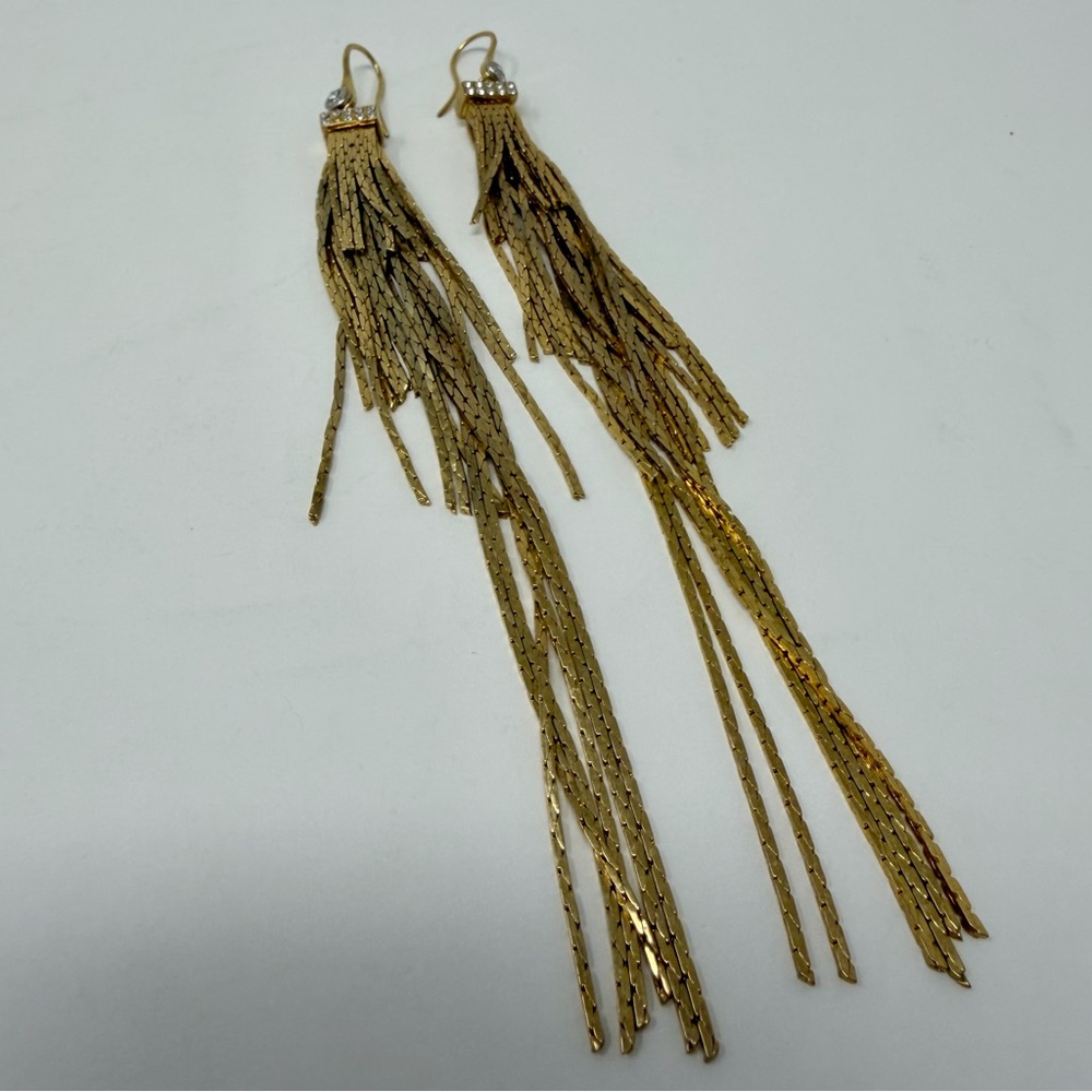 **Read Henri Bendel Gold Tone Tassel Dangle Drop Earrings Crystals Hook Jewelry